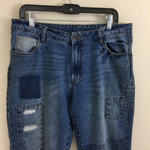 Distressed Patch Boyfriend Fit Denim Blue Jean by Bare Denim 100% Cotton - Picture 2 of 12